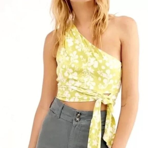 Free People Tops - Free People One Shoulder Carmen Crop Top Sz L Stretch Tie Waist Smocked Print